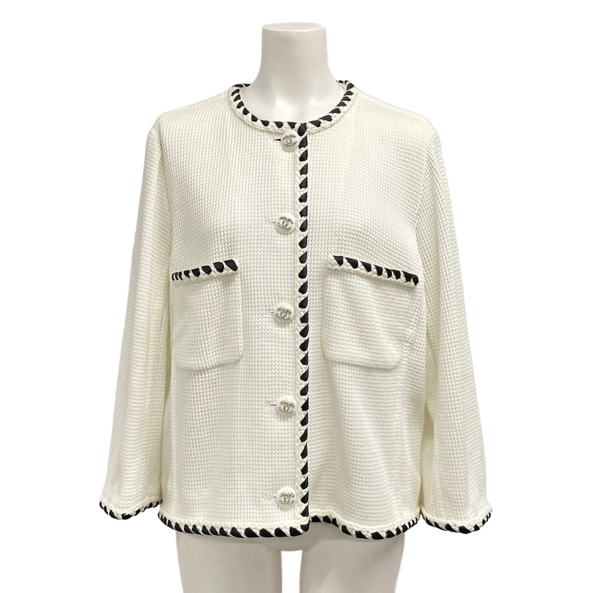 Chanel Jacket L White Black Waffle Collarless Trim Coco Buttons Rhinestone 42