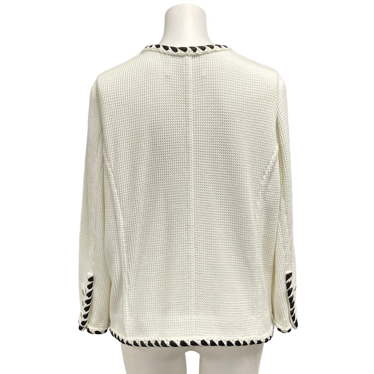 Chanel Jacket L White Black Waffle Collarless Trim Coco Buttons Rhinestone 42 — view 2