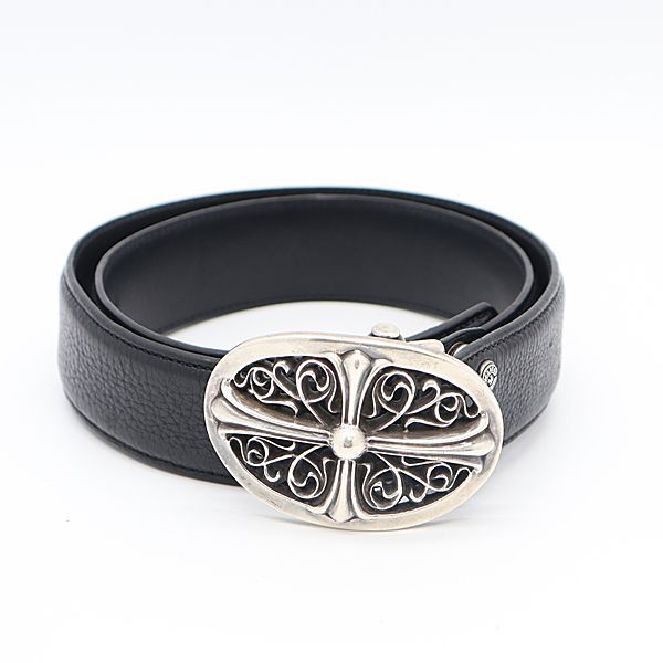 Chrome Hearts Belt Oval Cross Buckle Sil Plain Black Leather Rivet 30