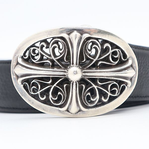 Chrome Hearts Belt Oval Cross Buckle Sil Plain Black Leather Rivet 30 — view 3