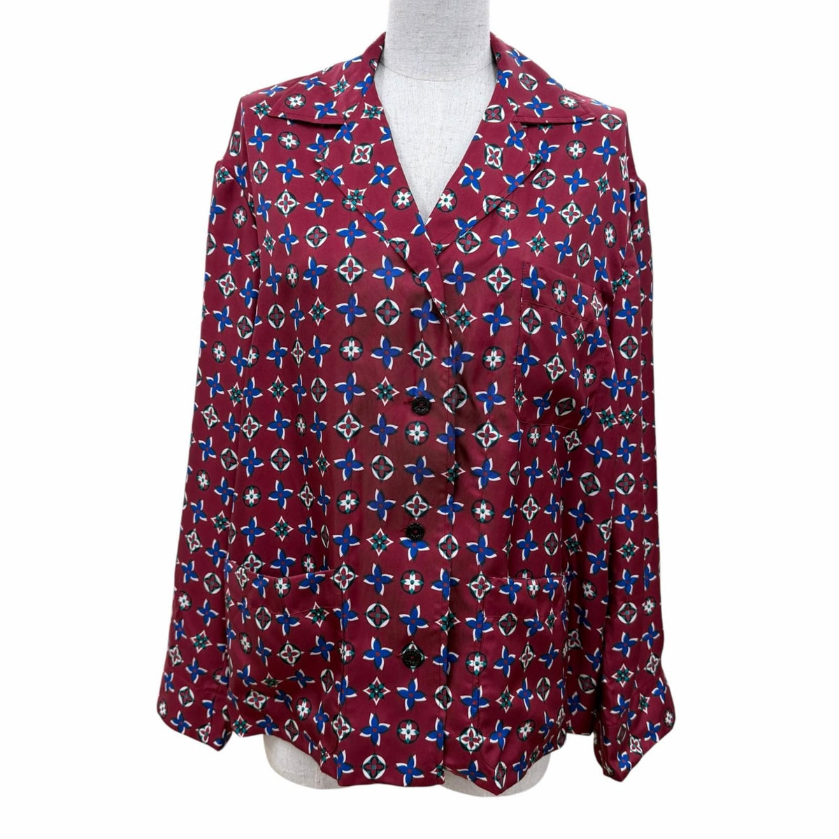 Louis Vuitton Silk 100% Monogram Long Sleeve Shirt Bordeaux Navy 34