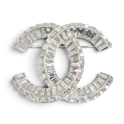 Chanel CC Logo Rhinestone Crystal Bijou Brooch Silver