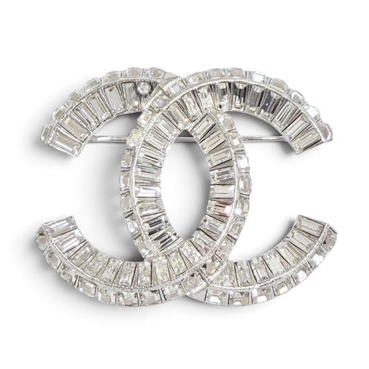 Chanel CC Logo Rhinestone Crystal Bijou Brooch Silver