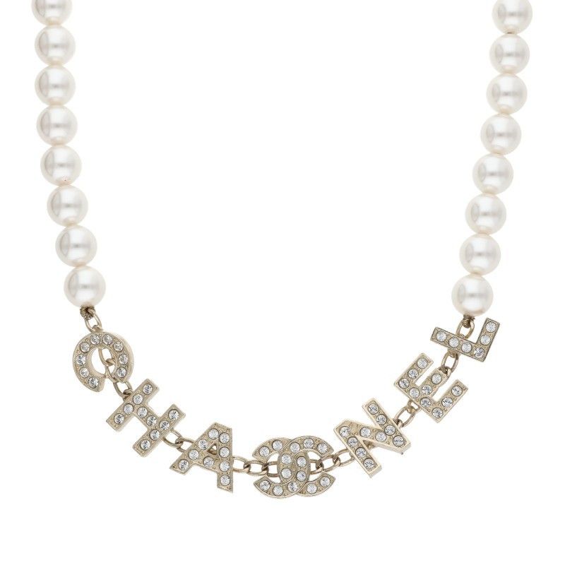Chanel Logo Stone Embellished Pearl Choker Necklace