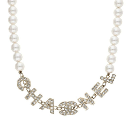 Chanel Logo Stone Embellished Pearl Choker Necklace