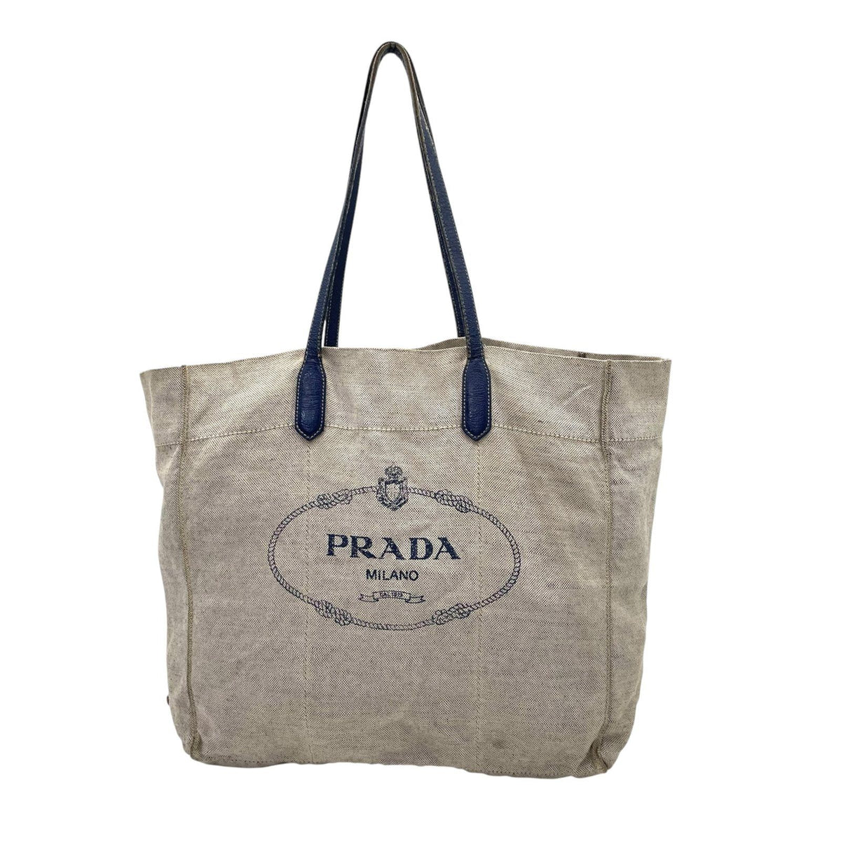 Prada Canapa Tote Bag Triangle Logo Canvas Leather Gray Blue Gold Shoulder Purse — view 2