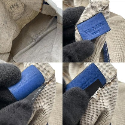 Prada Canapa Tote Bag Triangle Logo Canvas Leather Gray Blue Gold Shoulder Purse — view 8