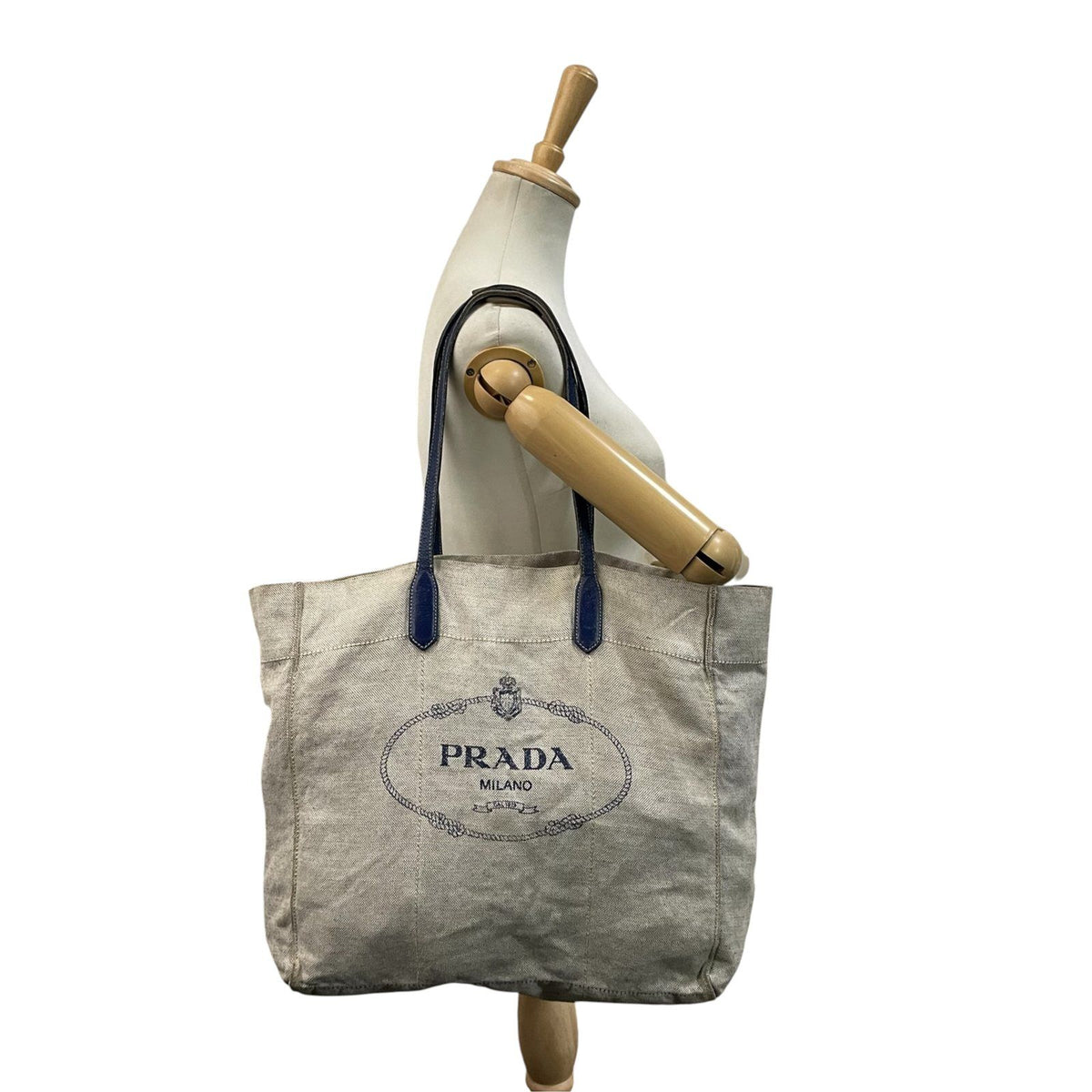 Prada Canapa Tote Bag Triangle Logo Canvas Leather Gray Blue Gold Shoulder Purse — view 4