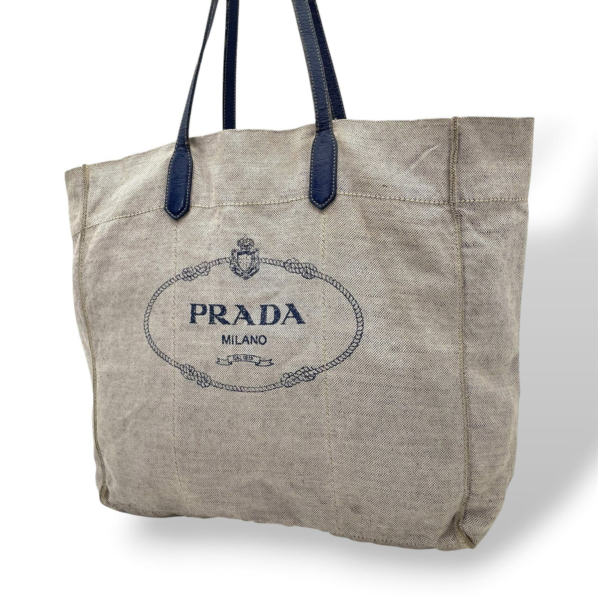 Prada Canapa Tote Bag Triangle Logo Canvas Leather Gray Blue Gold Shoulder Purse
