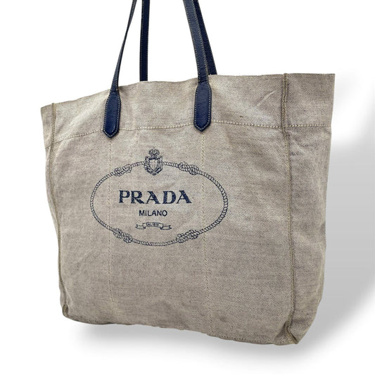 Prada Canapa Tote Bag Triangle Logo Canvas Leather Gray Blue Gold Shoulder Purse