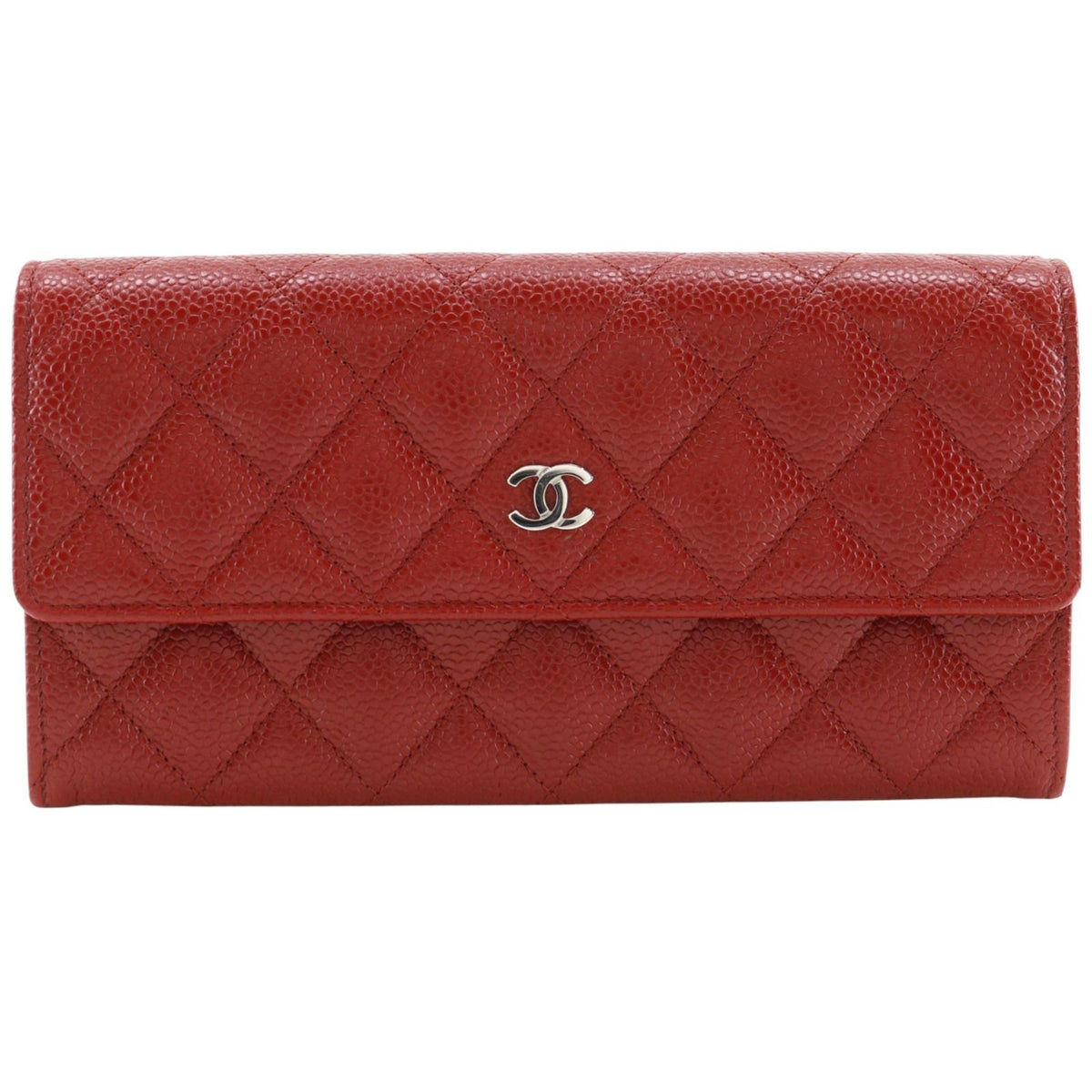 Chanel Quilted CC Logo Caviar Leather Red Wallet