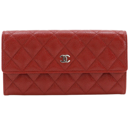 Chanel Quilted CC Logo Caviar Leather Red Wallet