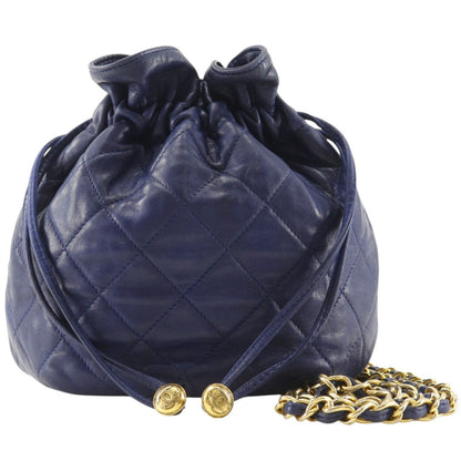 Chanel Quilted Drawstring Vintage Lambskin Navy Shoulder Bag