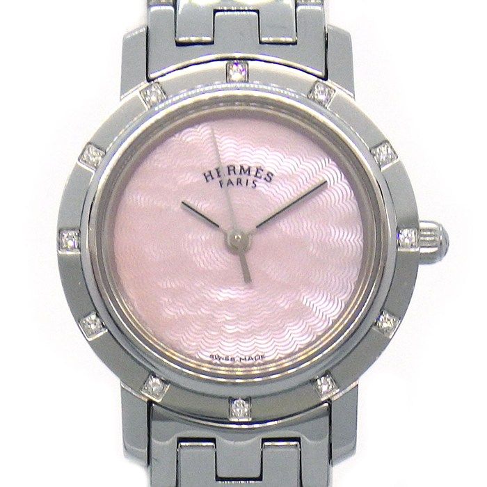 Hermes Watch Clipper Nacre Diamond Bezel Pink Shell Dial SS Quartz Analog