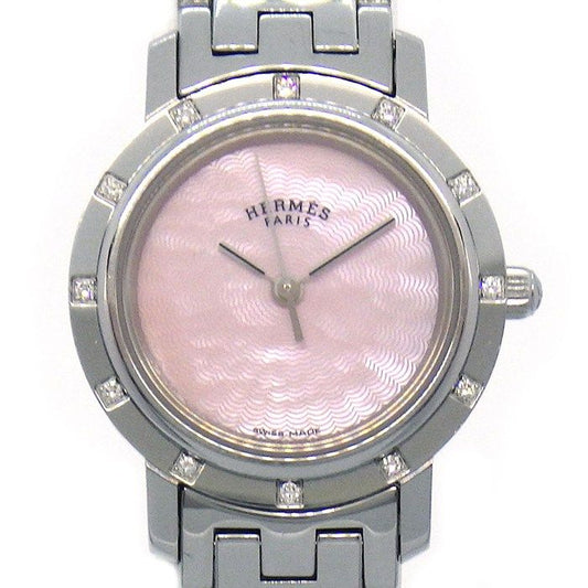Hermes Watch Clipper Nacre Diamond Bezel Pink Shell Dial SS Quartz Analog