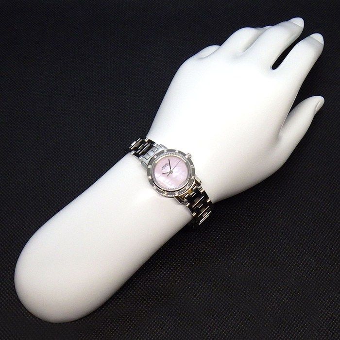 Hermes Watch Clipper Nacre Diamond Bezel Pink Shell Dial SS Quartz Analog — view 8