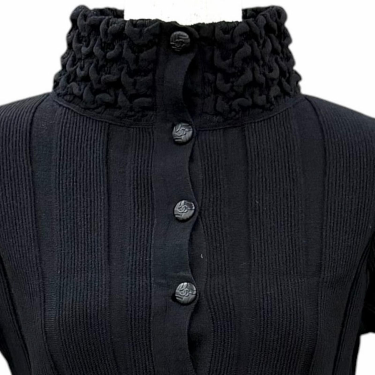 Chanel Wool Blend CC Logo Button Stand Collar Knit Dress Black FR 34 — view 2