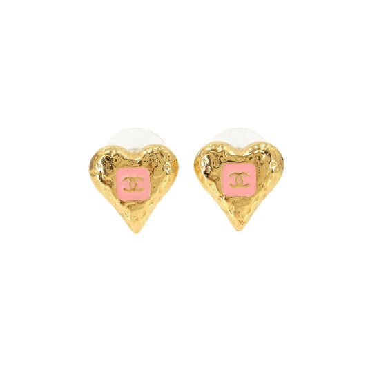 Chanel CC Logo Heart Shape Earrings Gold Pink Vintage