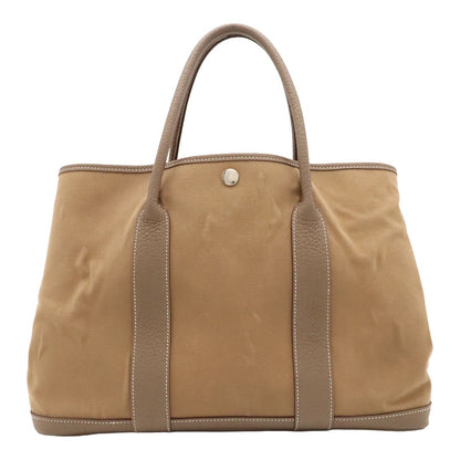 Hermes Garden Party PM Tote Bag Canvas Leather Light Brown Etoupe Silver