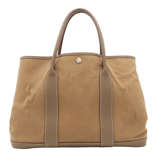 Hermes Garden Party PM Tote Bag Canvas Leather Light Brown Etoupe Silver