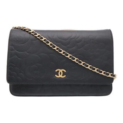 Chanel Camellia CC Logo Chain Wallet Shoulder Bag Pochette Lambskin Leather