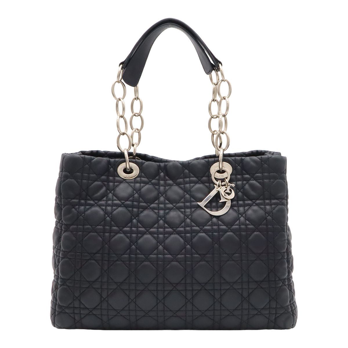 Dior Cannage Tote 2-Way Chain Shoulder Bag Leather Black Silver