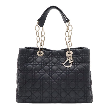 Dior Cannage Tote 2-Way Chain Shoulder Bag Leather Black Silver
