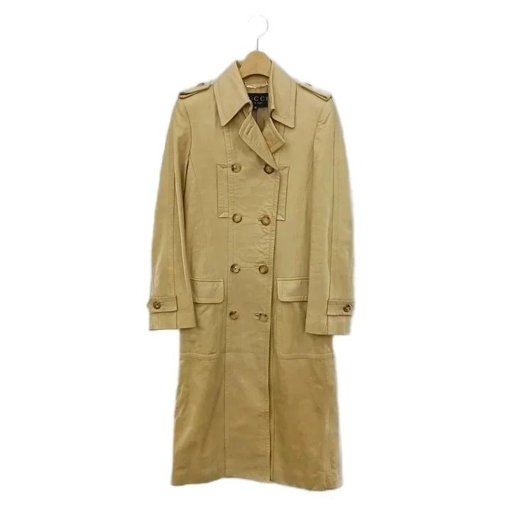 Gucci Vintage Double Button Leather Long Coat Military Beige 38