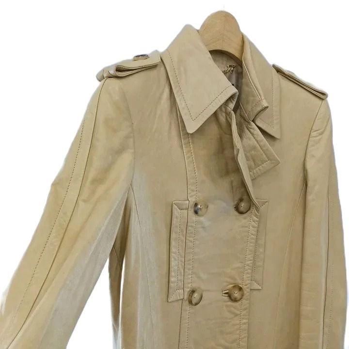 Gucci Vintage Double Button Leather Long Coat Military Beige 38 — view 3