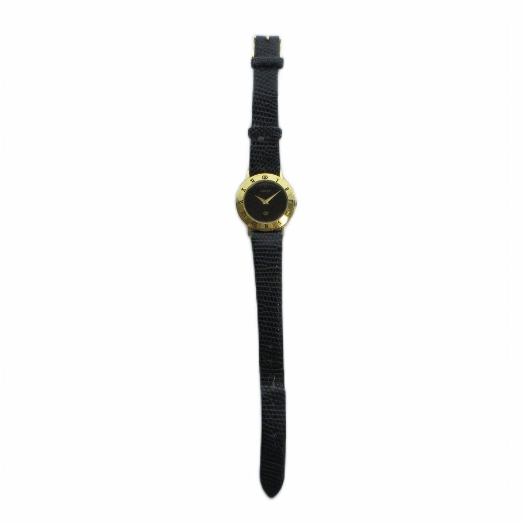 Gucci Watch Quartz Black Dial Roman Round Leather Strap Gold — view 3