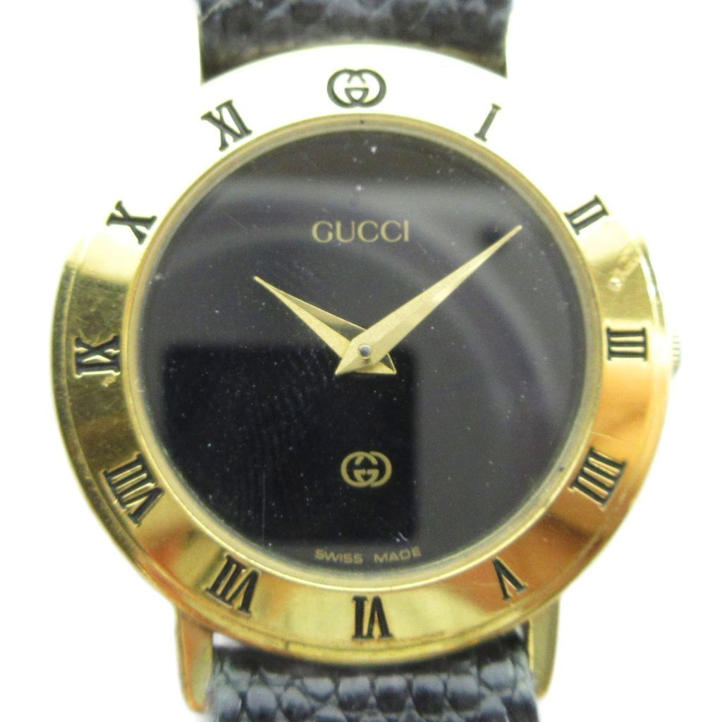 Gucci Watch Quartz Black Dial Roman Round Leather Strap Gold