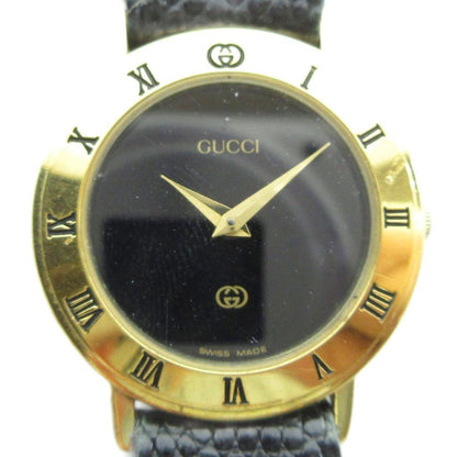 Gucci Watch Quartz Black Dial Roman Round Leather Strap Gold