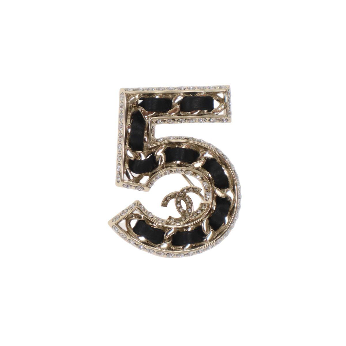 Chanel 23B No 5 Lambskin Stone Brooch Black Gold