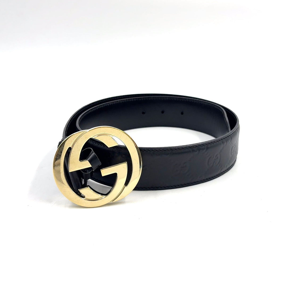 Gucci GG Guccissima Interlocking G Leather Black Belt Gold