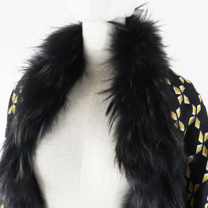 Fendi Silk Blend Raccoon Fur Zucca Pattern Scarf Black Yellow — view 3