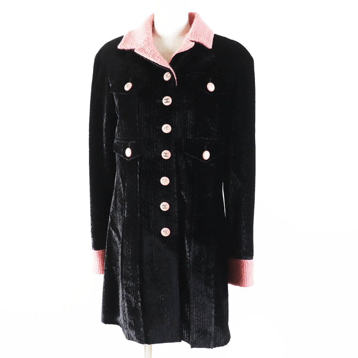Chanel 22B Silk Blend Coco Buttons Tweed Switch Coat Black Pink French 38