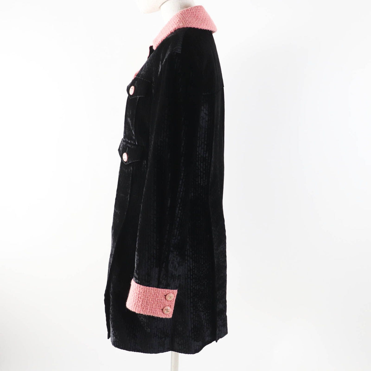 Chanel 22B Silk Blend Coco Buttons Tweed Switch Coat Black Pink French 38 — view 3