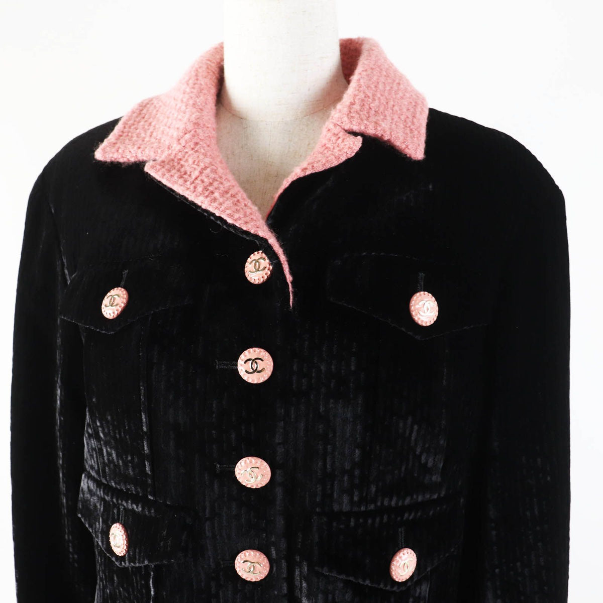 Chanel 22B Silk Blend Coco Buttons Tweed Switch Coat Black Pink French 38 — view 2