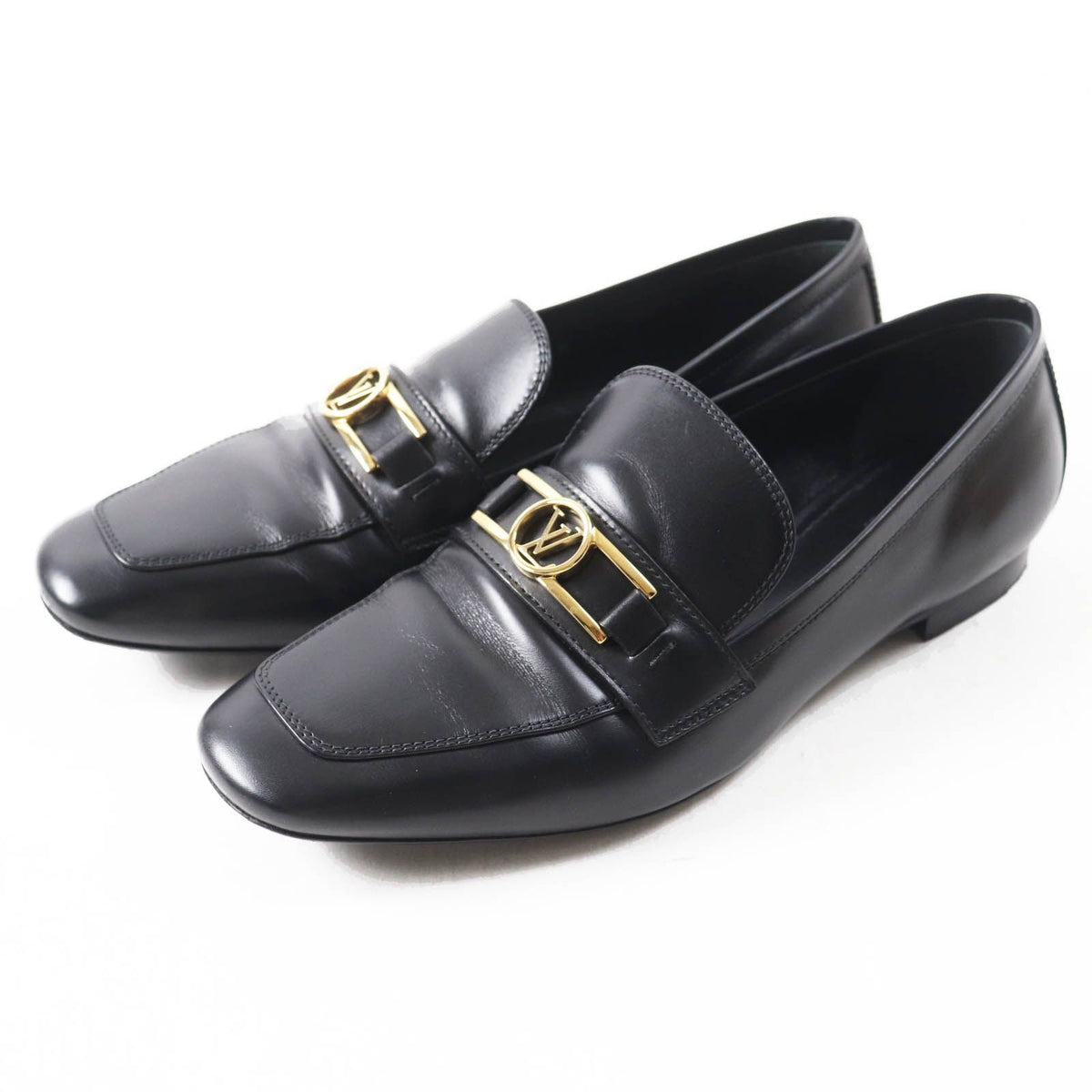 Louis Vuitton LV Logo Square Toe Leather Loafers Black Gold