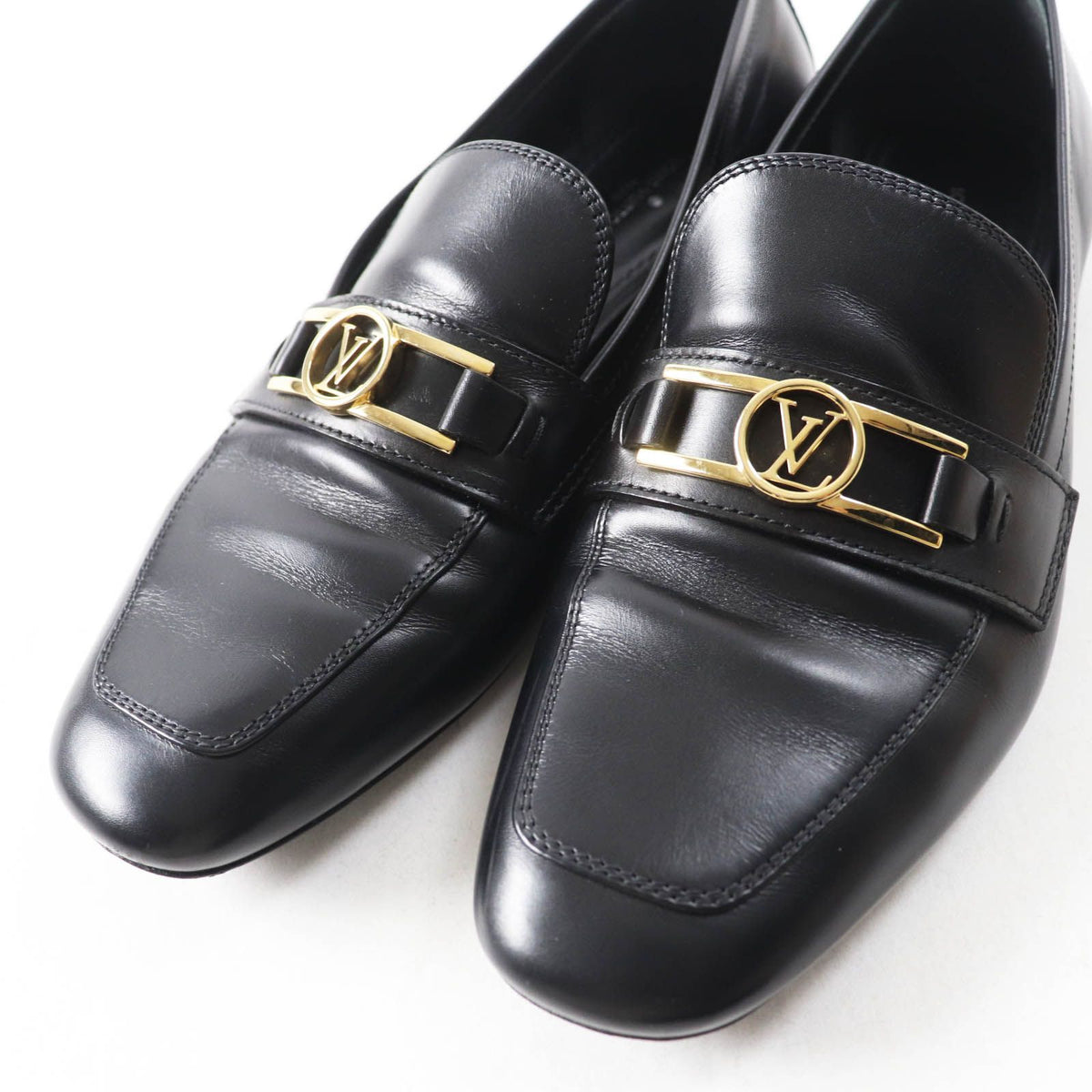 Louis Vuitton LV Logo Square Toe Leather Loafers Black Gold — view 5