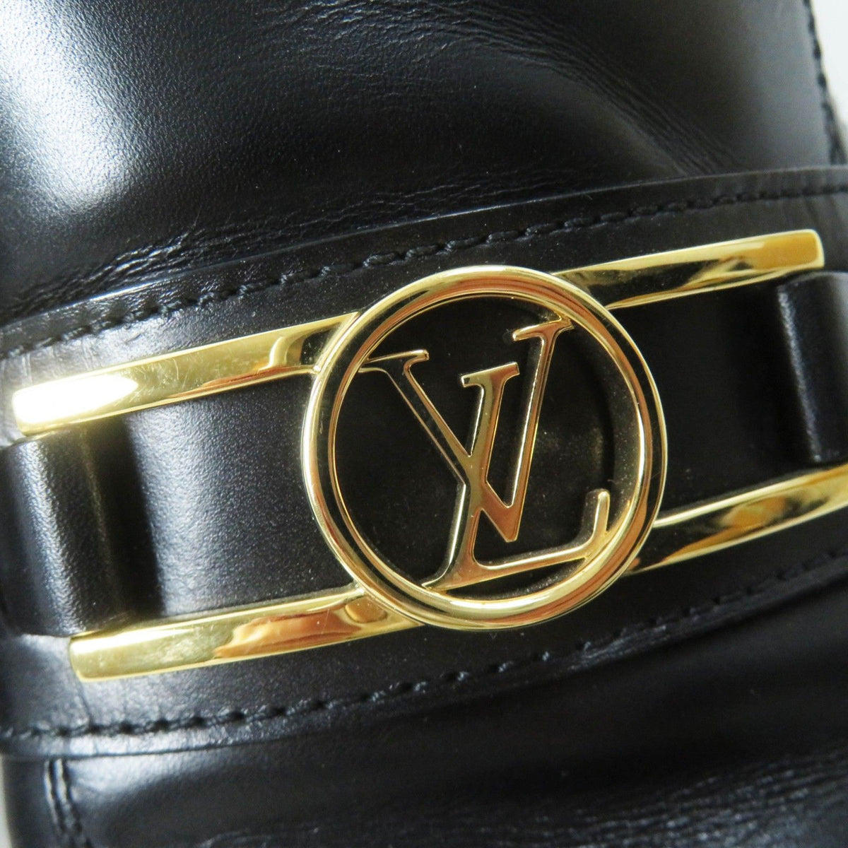 Louis Vuitton LV Logo Square Toe Leather Loafers Black Gold — view 6