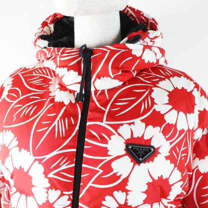 Prada Floral Pattern Triangle Logo Hooded Down Jacket Red White — view 2