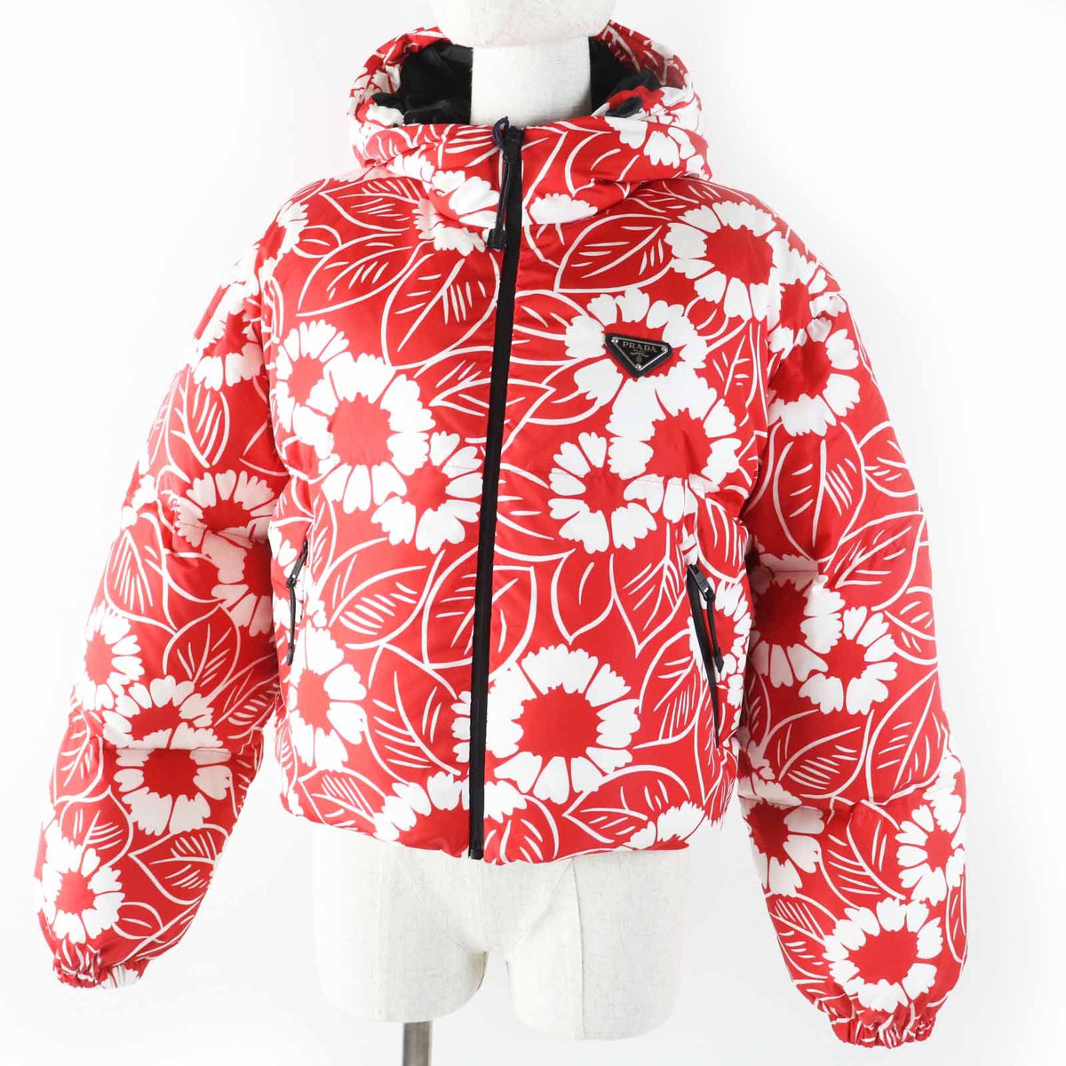 Prada Floral Pattern Triangle Logo Hooded Down Jacket Red White