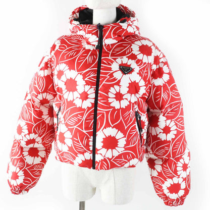 Prada Floral Pattern Triangle Logo Hooded Down Jacket Red White
