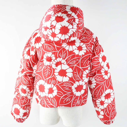 Prada Floral Pattern Triangle Logo Hooded Down Jacket Red White — view 4