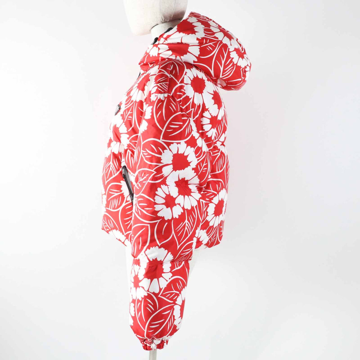 Prada Floral Pattern Triangle Logo Hooded Down Jacket Red White — view 3