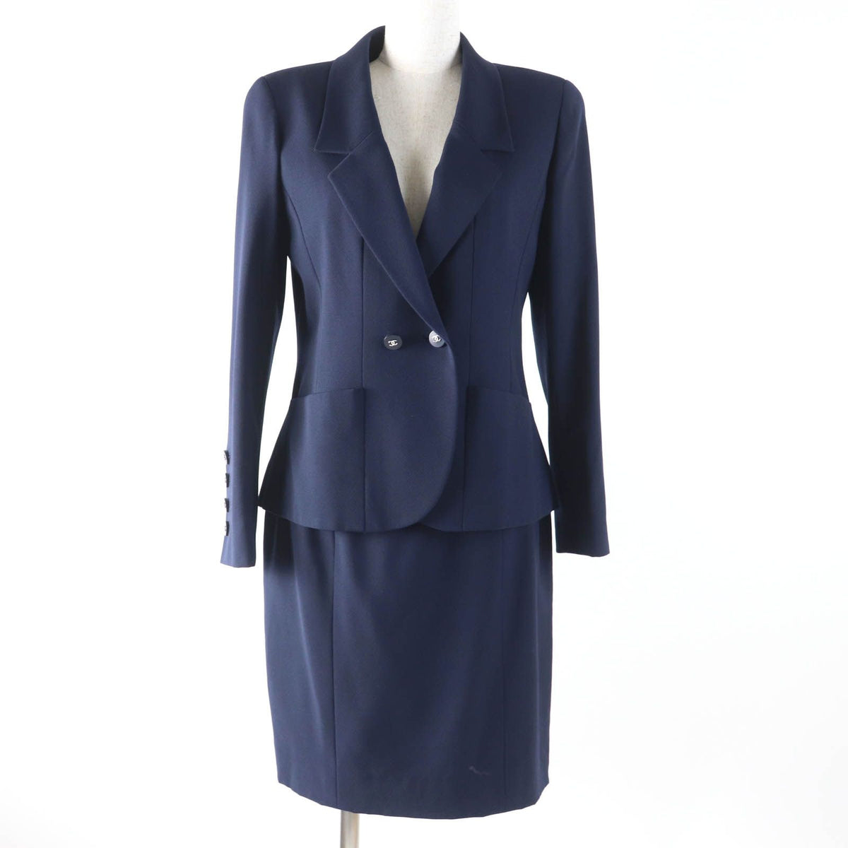 Chanel Vintage 96P CC Logo Button Jacket Skirt Set Navy 38
