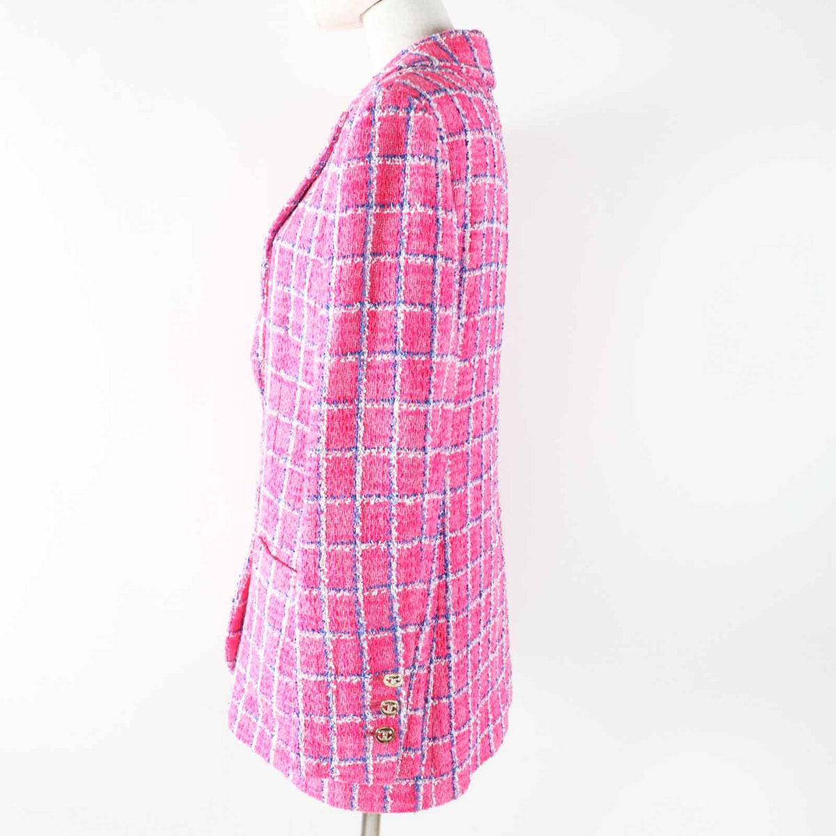 Chanel 24P Cotton CC Logo Bijou Button Checkered Pattern Tweed Jacket Pink Blue — view 3