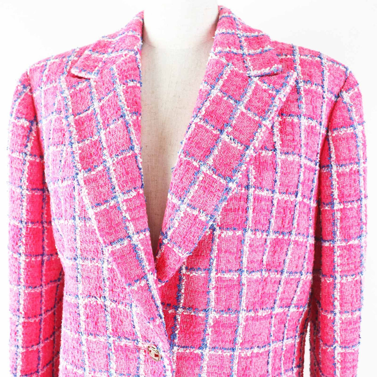 Chanel 24P Cotton CC Logo Bijou Button Checkered Pattern Tweed Jacket Pink Blue — view 2