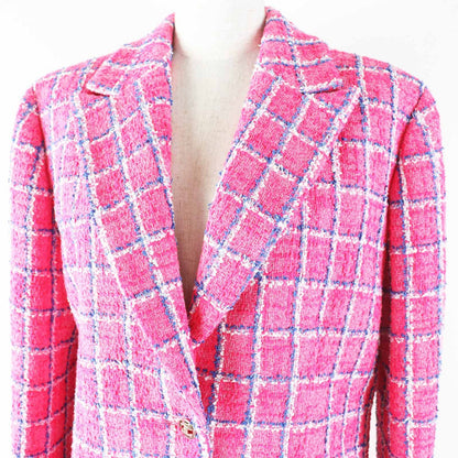 Chanel 24P Cotton CC Logo Bijou Button Checkered Pattern Tweed Jacket Pink Blue — view 2